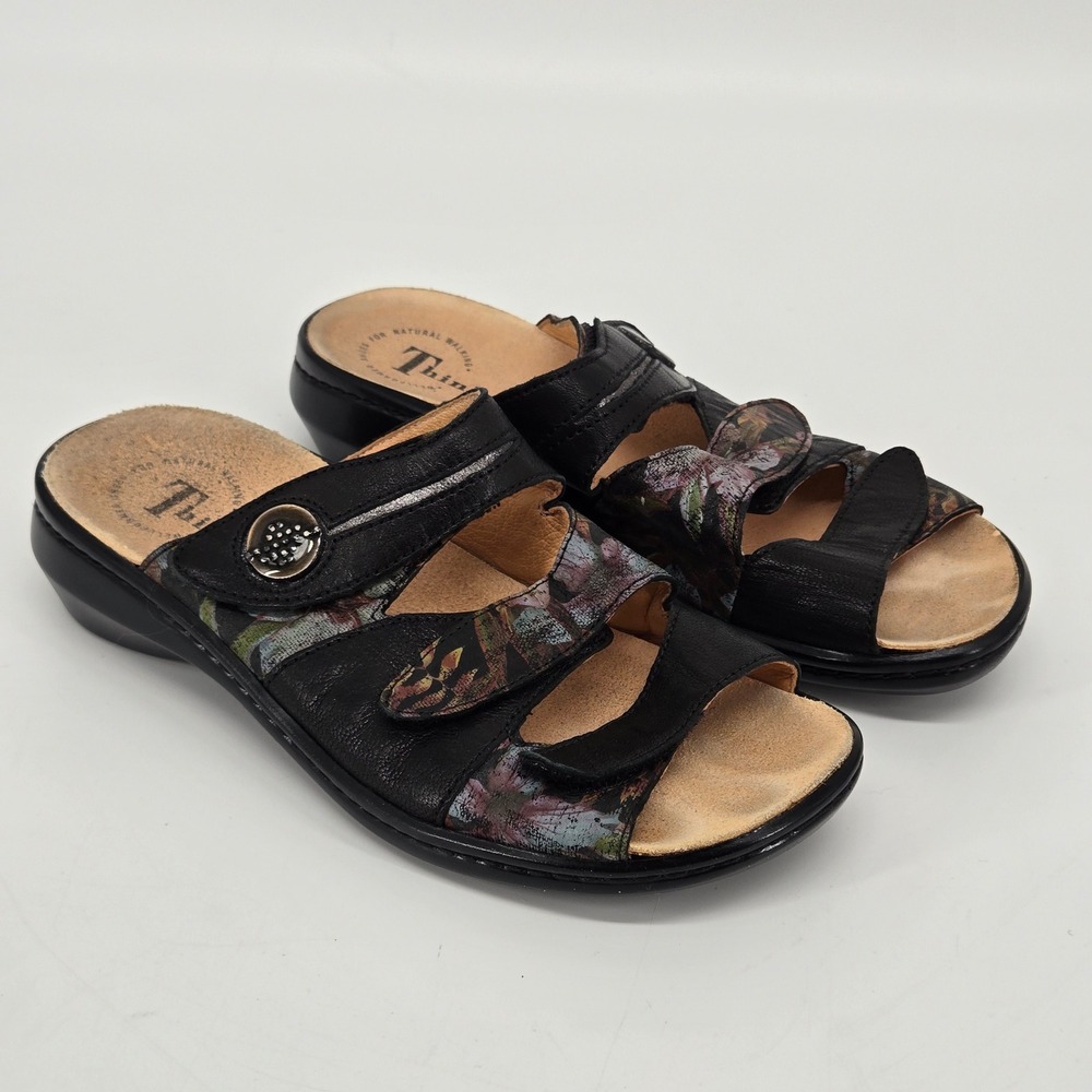 Think Shoes Julia Black‎ Floral Leather Slide Sandals Women 36 Orthotic Comfort